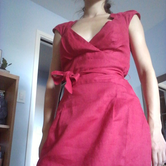 Red Linen Cocktail Dress - Picture 2 of 7
